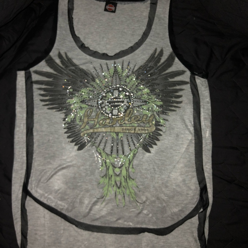Harley-Davidson Vintage Gray Green Rhinestone Winged Graphic‎ Tank Top 1079
